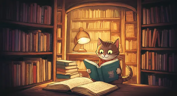 cat reading a book in a library