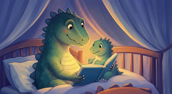 a mom dinosaur reading a book to her baby