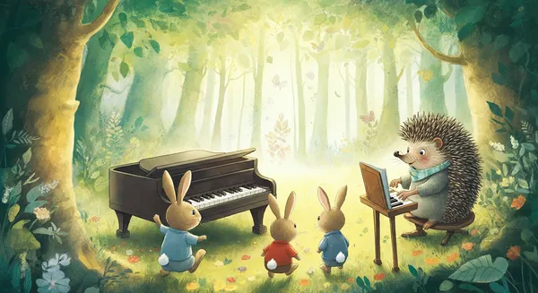 bunnies listening to a hedgehog playing the piano in a beautiful forest