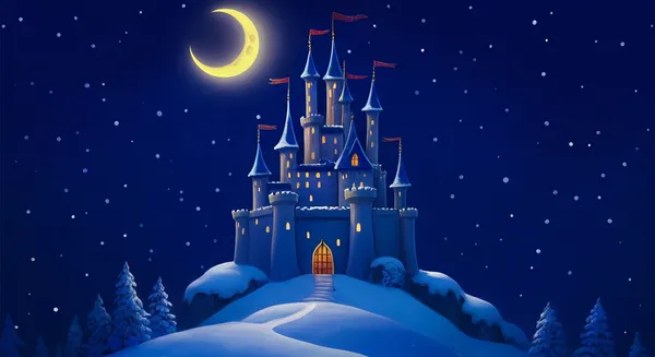 magic castle on a snowy night with a crescent moon
