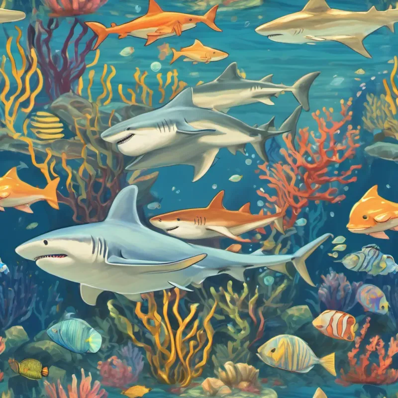 A gentle shark with a friendly smile, underwater in a blue sea filled with diverse marine life.
