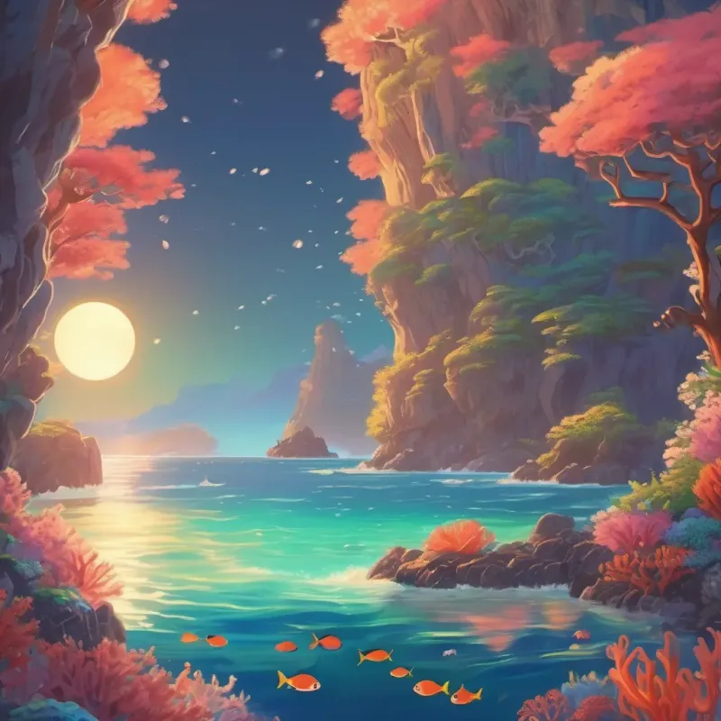 An ocean at dawn with shimmering light and a colorful coral reef leading to a small cave.