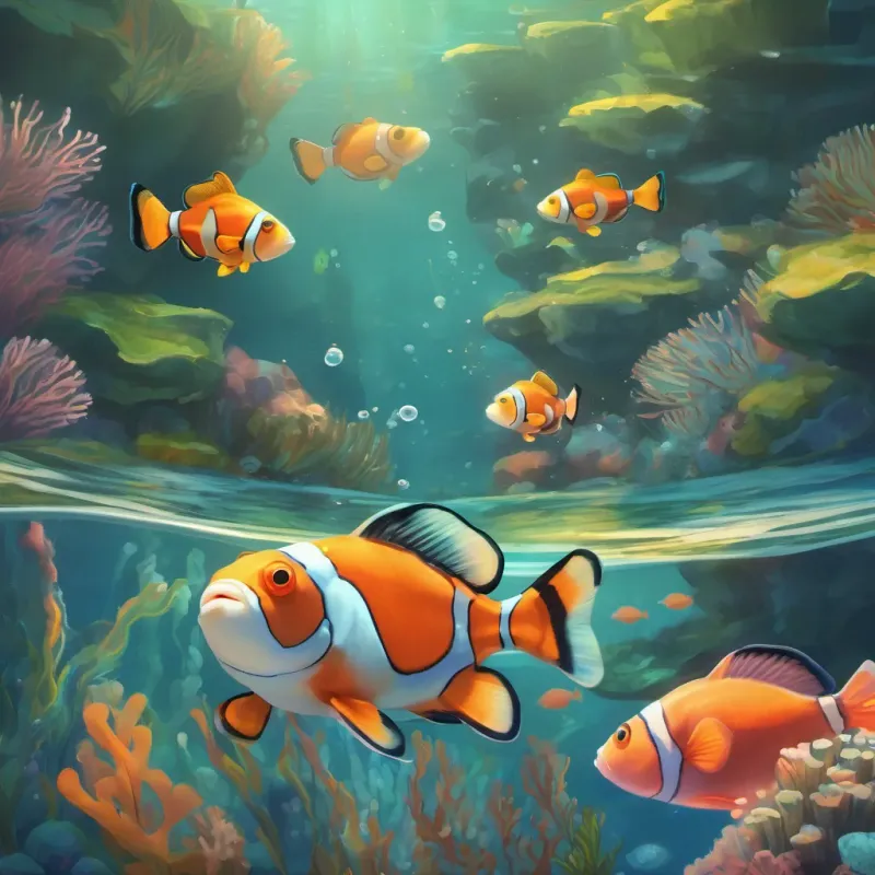 A curious clownfish with bright colors and a friendly expression the clownfish hovering in the water, looking curious while asking A gentle, friendly shark with a toothbrush made from coral and seaweed a question.