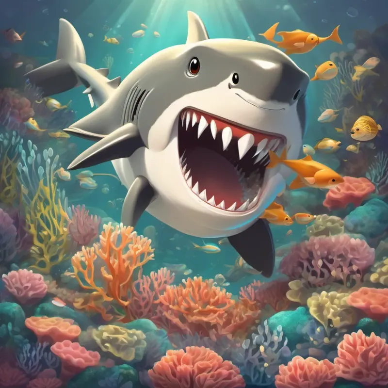 A gentle, friendly shark with a toothbrush made from coral and seaweed explaining his love for brushing while flashing a bright, shiny smile.