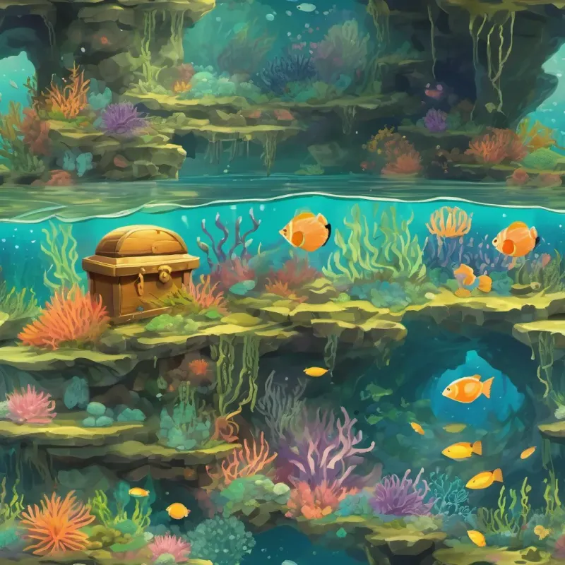 An underwater cave filled with sea anemones, swaying seaweed, and a treasure chest surrounded by vibrant marine life.