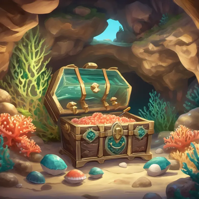 A treasure chest inside the cave with shiny shells and a unique toothbrush made from coral and seaweed.