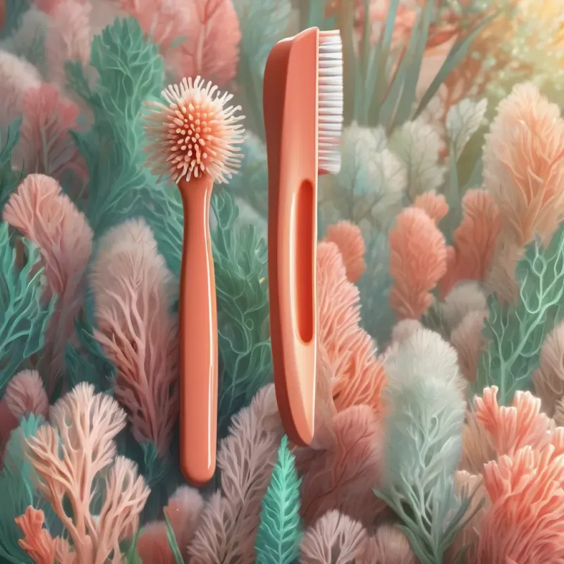 Close-up of a toothbrush with seaweed bristles and a smooth coral handle, delicate and unique.
