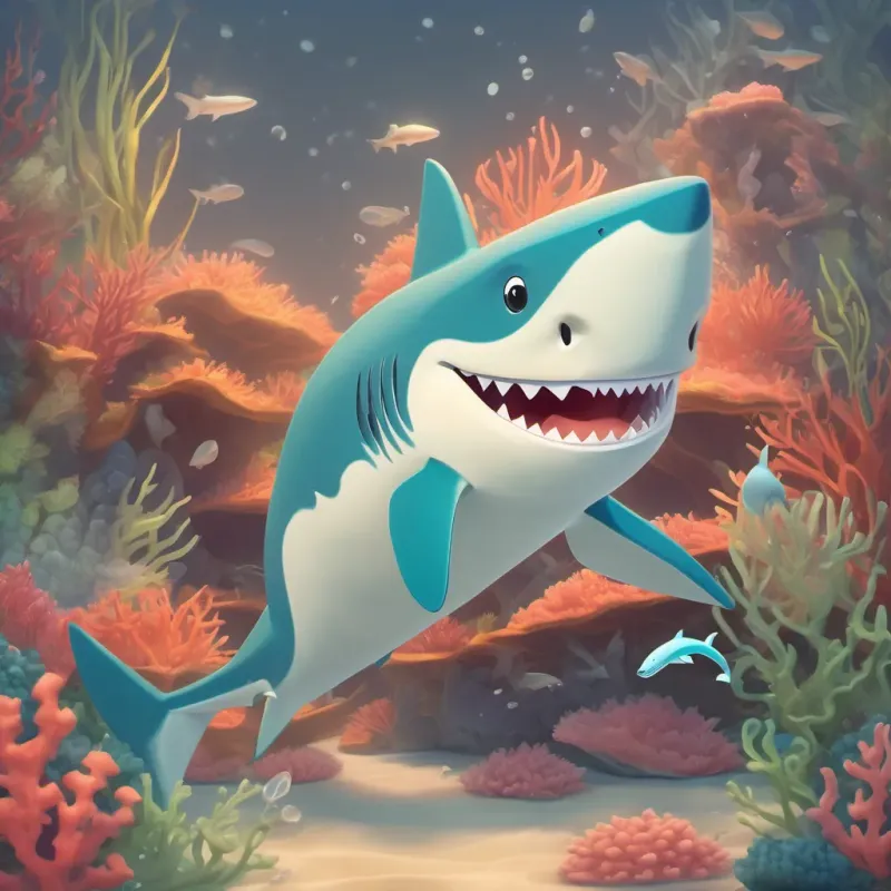 A gentle, friendly shark with a toothbrush made from coral and seaweed the shark holding a toothbrush, with a dollop of seaweed-flavored toothpaste, starting to brush his teeth.