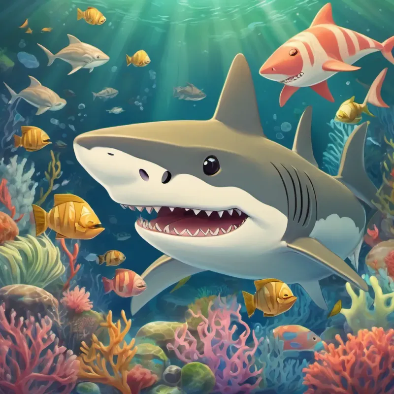 A gentle, friendly shark with a toothbrush made from coral and seaweed brushing his teeth while humming a cheerful tune, surrounded by marine life.