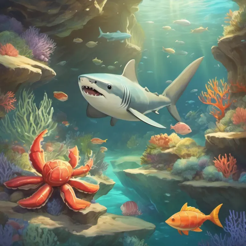 Happy sea creatures like crabs and clams greeting A gentle, friendly shark with a toothbrush made from coral and seaweed outside his cave.