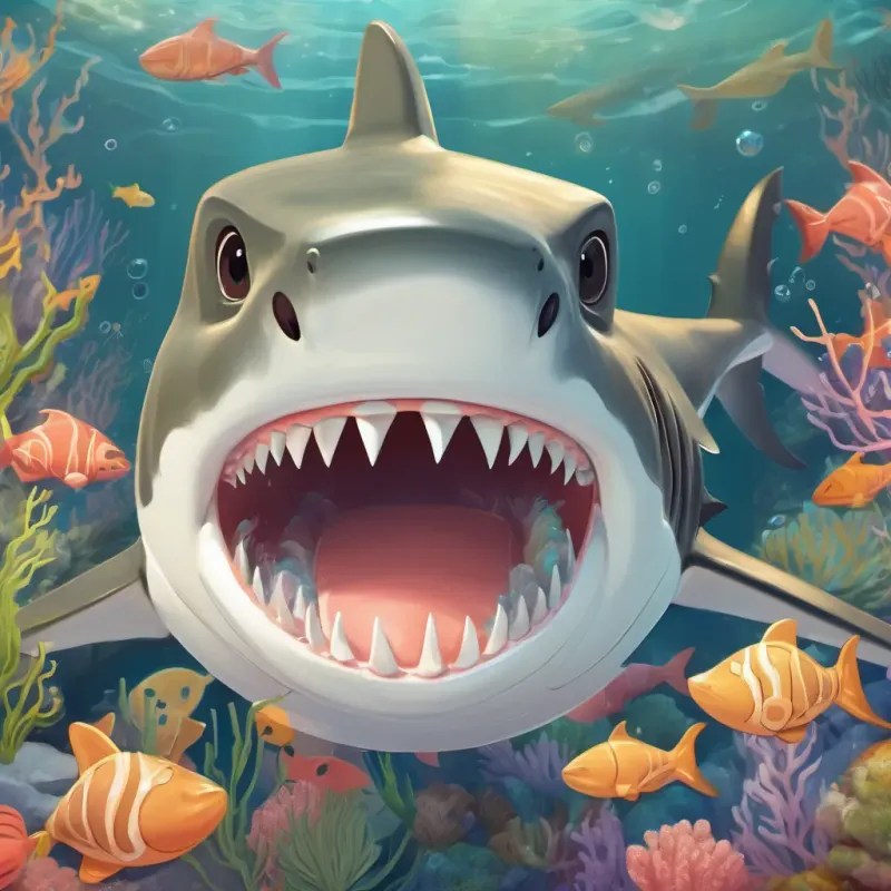 A gentle, friendly shark with a toothbrush made from coral and seaweed smiling widely, showing his clean teeth, greeting his marine friends.