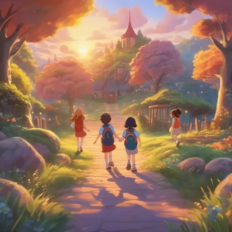 the Whimsy Woods at sunset with kids holding hands, looking happy and dreaming of the wonderful school day