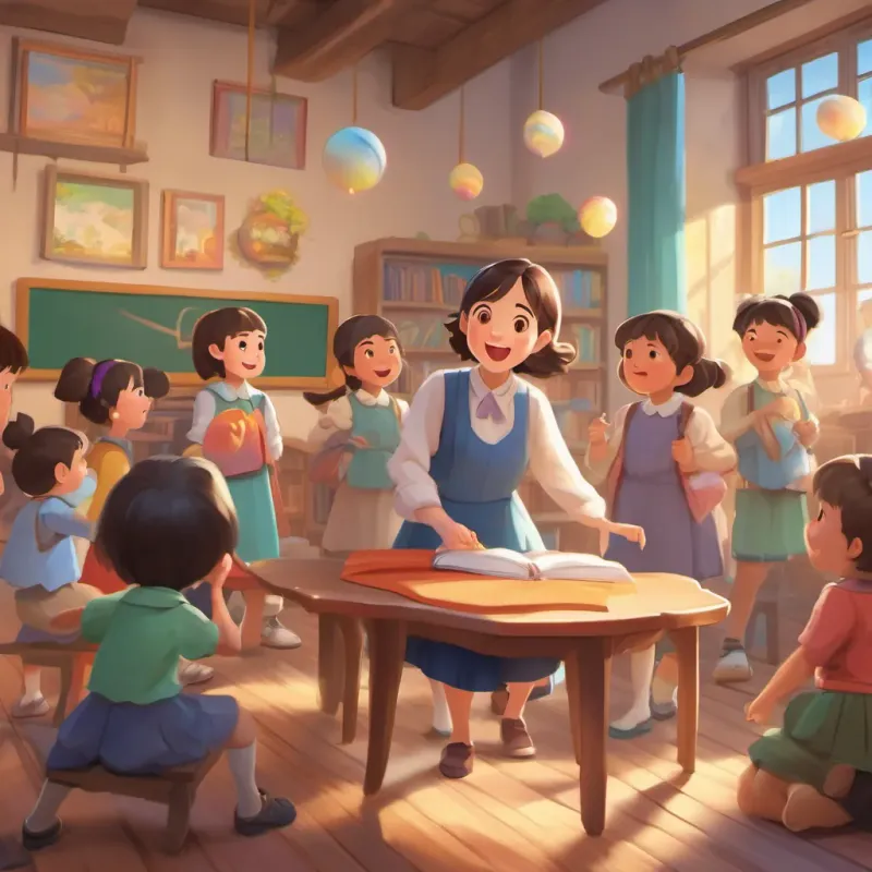 a round, colorful teacher character making a popping sound as she bounces, greeting the children enthusiastically