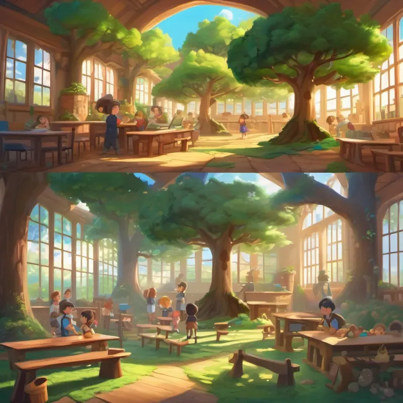 a magical classroom with personified trees, including a friendly oak tree and a pretty pine, interacting with the kids