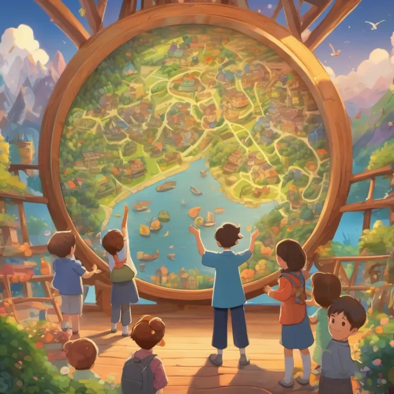 a round teacher clapping as a colorful, whimsical map unfurls in front of the children