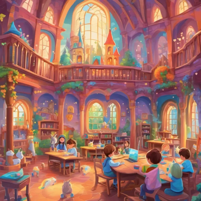 kids painting vibrant pictures of castles and unicorns in a whimsical, colorful classroom
