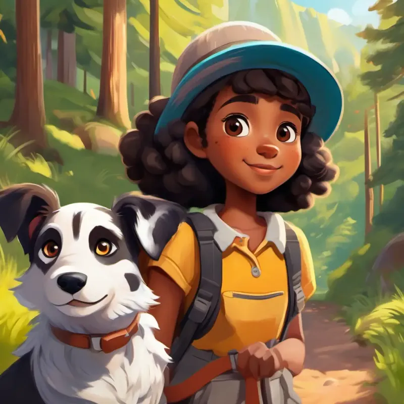 Emma is a curious girl with brown skin and dark eyes, wearing a hat and Spot is a playful, fluffy dog with black and white fur and bright eyes begin a mountain adventure on a sunny day.