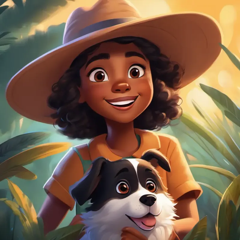 Emma is a curious girl with brown skin and dark eyes, wearing a hat reacts with laughter and teaches Spot is a playful, fluffy dog with black and white fur and bright eyes to respect wildlife.
