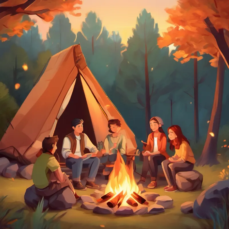 Friends bond over a campfire, sharing stories and enjoying each other's company.