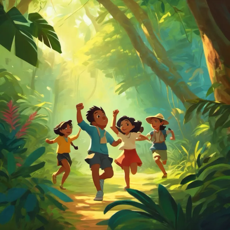 Reaching the jungle, they hear music and start dancing.