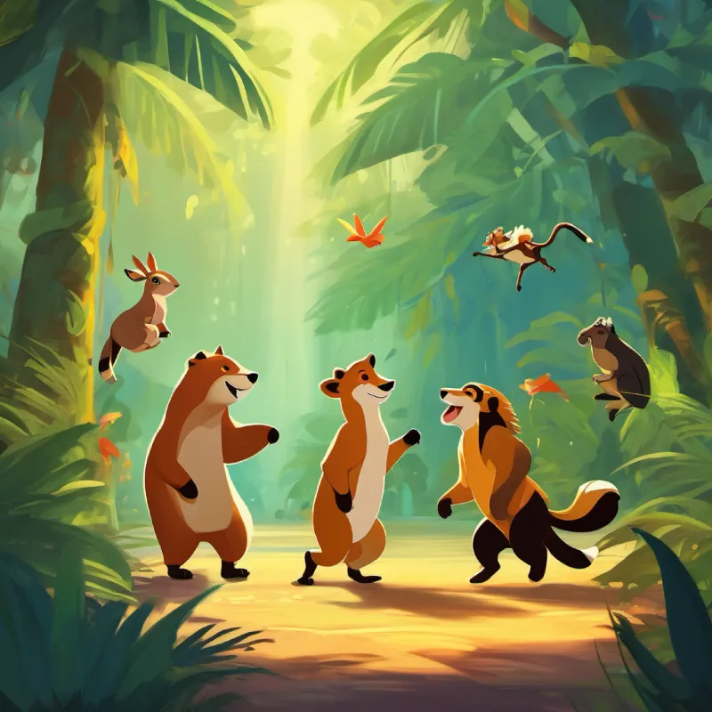 They dance with jungle animals, enjoying the friendly atmosphere.