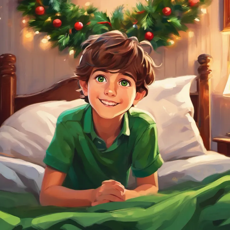 Curious boy, brown hair, green eyes, energy of youth's bedroom, morning, excited mood.