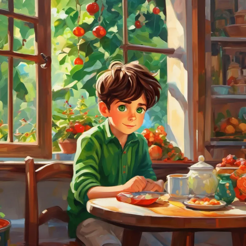Curious boy, brown hair, green eyes, energy of youth at breakfast, looking at the garden.