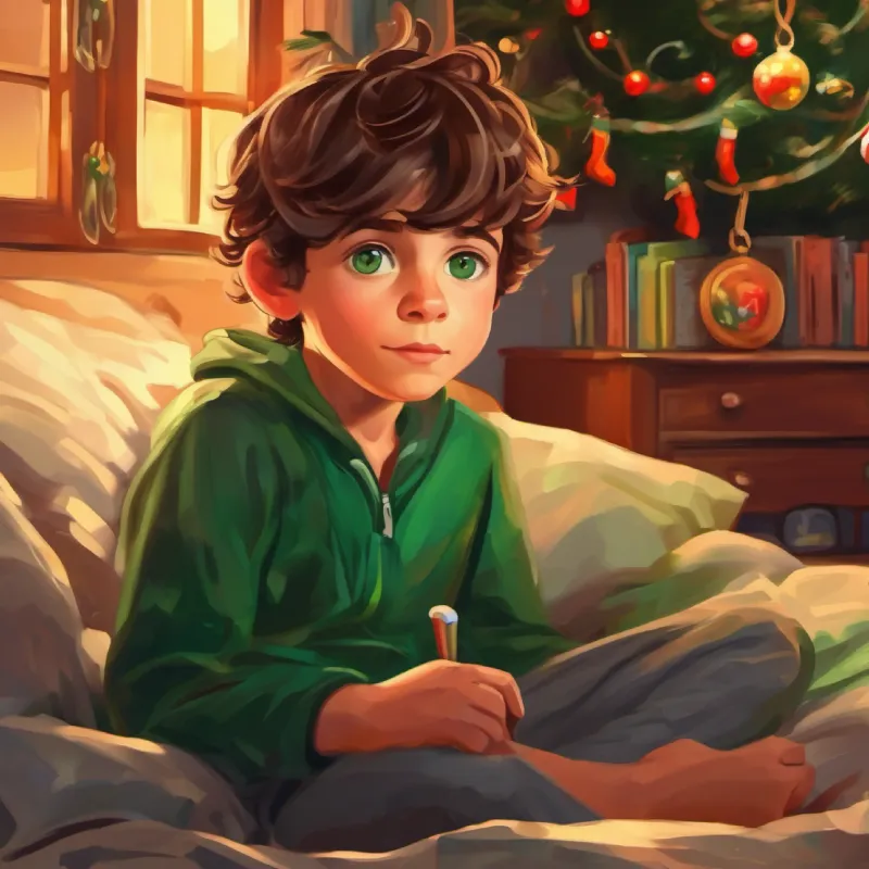 Curious boy, brown hair, green eyes, energy of youth at home, content and ready for bed.