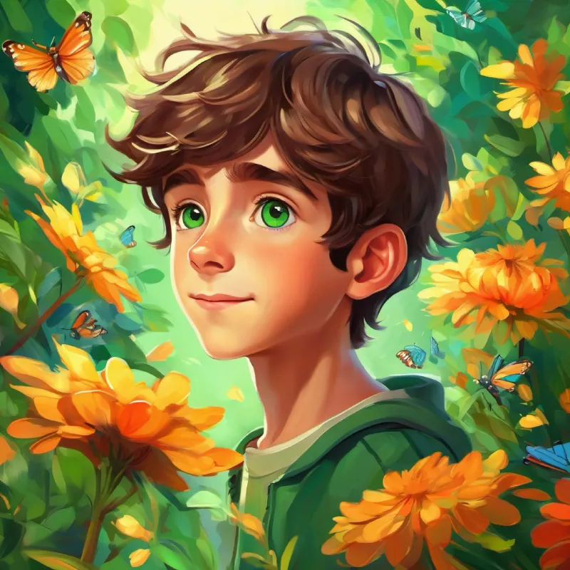 Curious boy, brown hair, green eyes, energy of youth amidst flowers, butterflies flitting.
