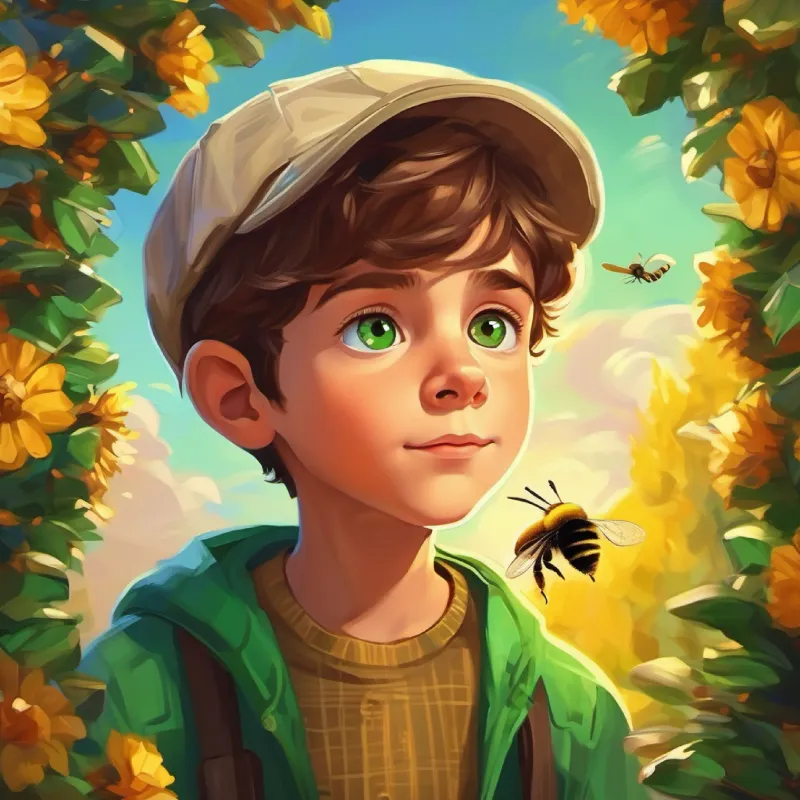 Curious boy, brown hair, green eyes, energy of youth tracking a bee to its hive.