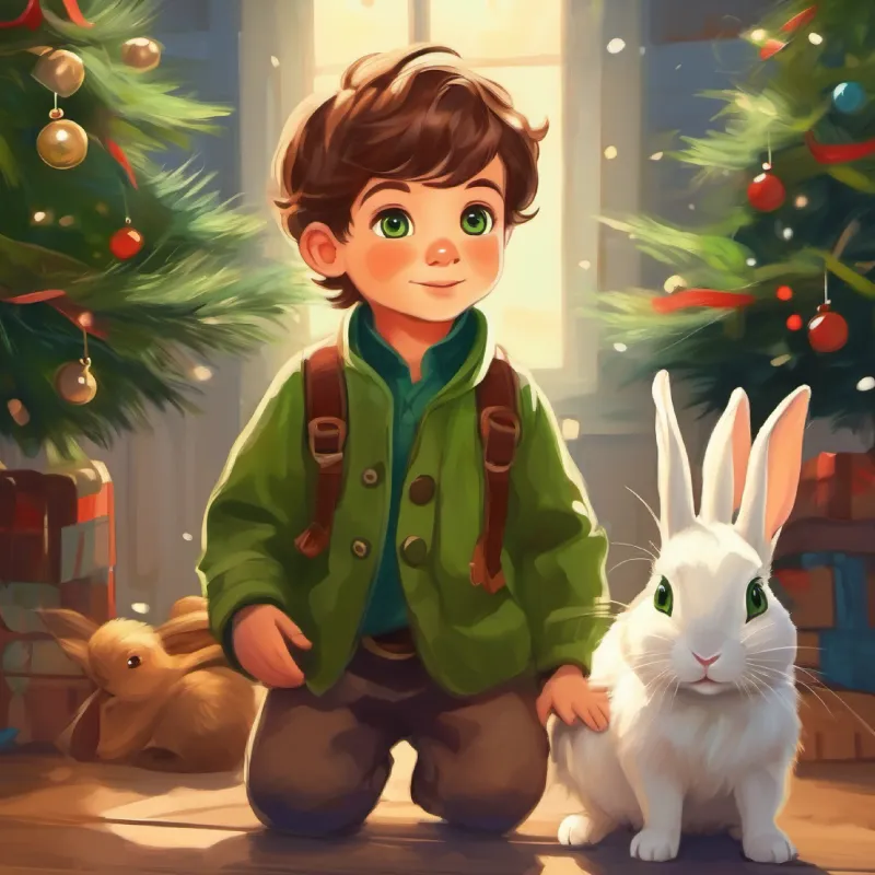 Curious boy, brown hair, green eyes, energy of youth greets baby rabbits quietly.
