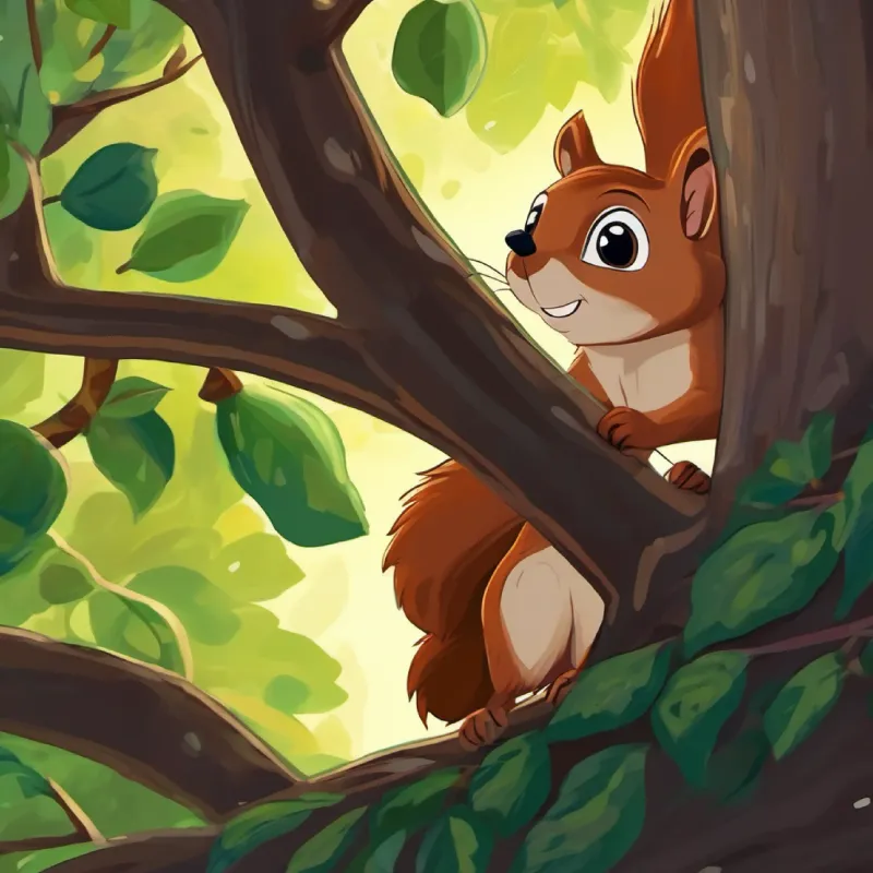 Squirrel climbing a tree, Curious boy, brown hair, green eyes, energy of youth looks on.