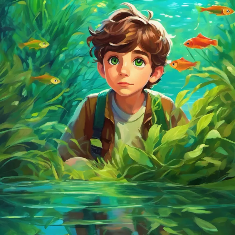 Curious boy, brown hair, green eyes, energy of youth by pond, observing aquatic life.