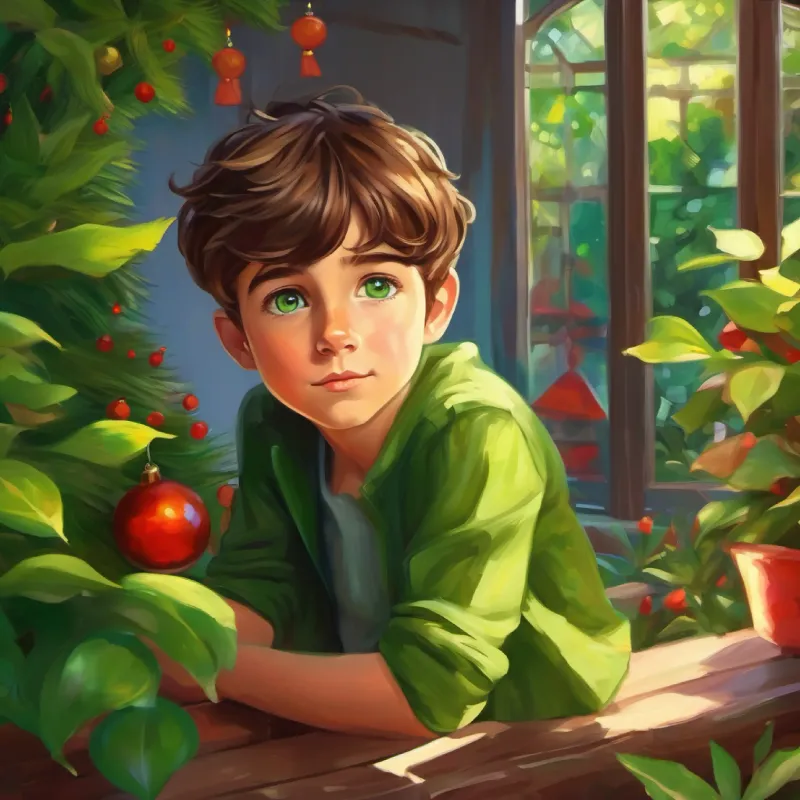 Curious boy, brown hair, green eyes, energy of youth reflecting in the garden nook.