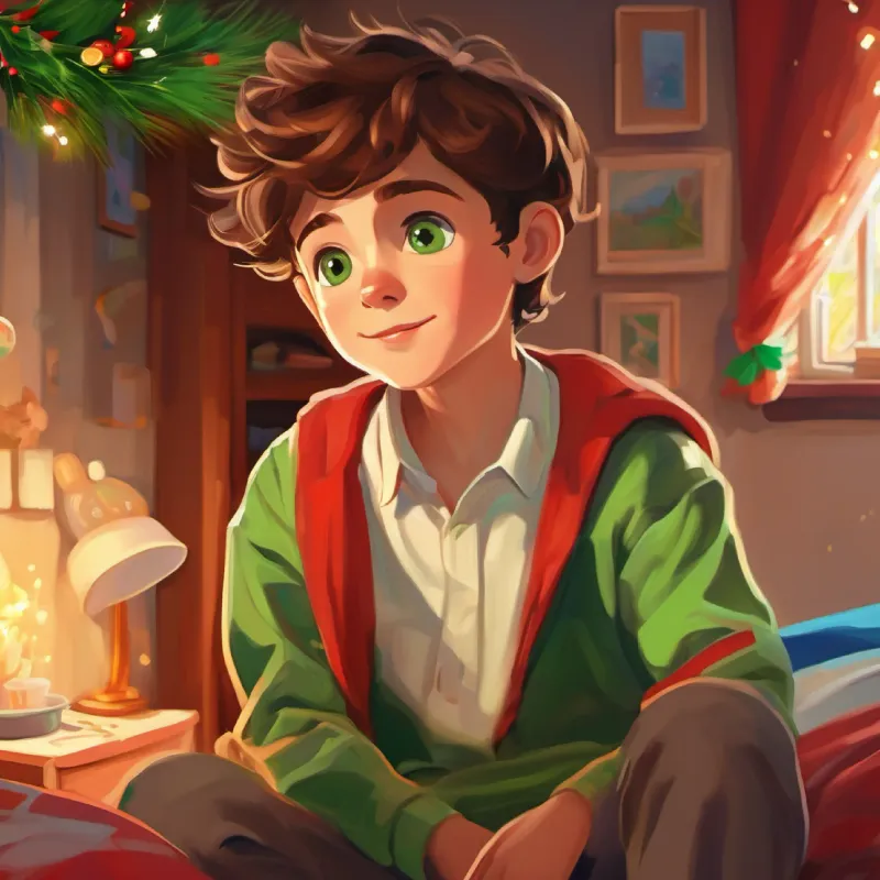 Curious boy, brown hair, green eyes, energy of youth's bedroom, morning, excited mood at home.
