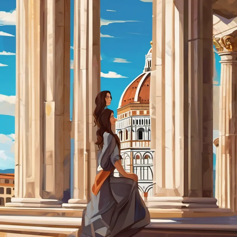 Brown hair, bright eyes, full of curiosity and excitement stands in front of the Leaning Tower of Pisa, gingerly posing as if holding it up. In the next scene, she stands in an art gallery in Florence, surrounded by famous works of art by Famous artist and inventor, known for his Mona Lisa painting, Renowned Italian artist, sculptor of the statue of Towering statue by Michelangelo, made of white marble, and Botticelli.