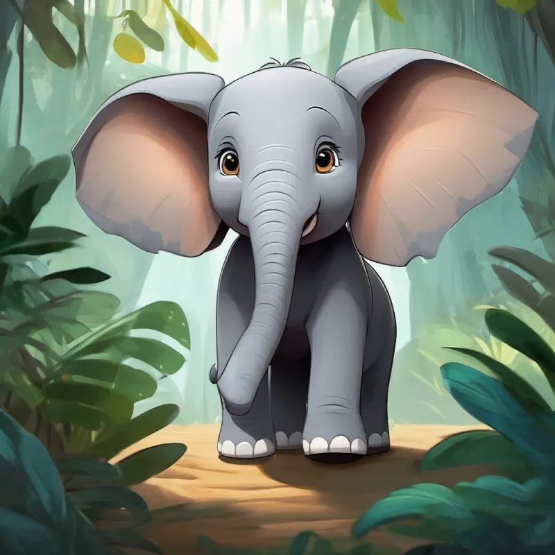 Introduction to Young elephant, grey skin, big happy eyes, not wanting to sleep, in a jungle.