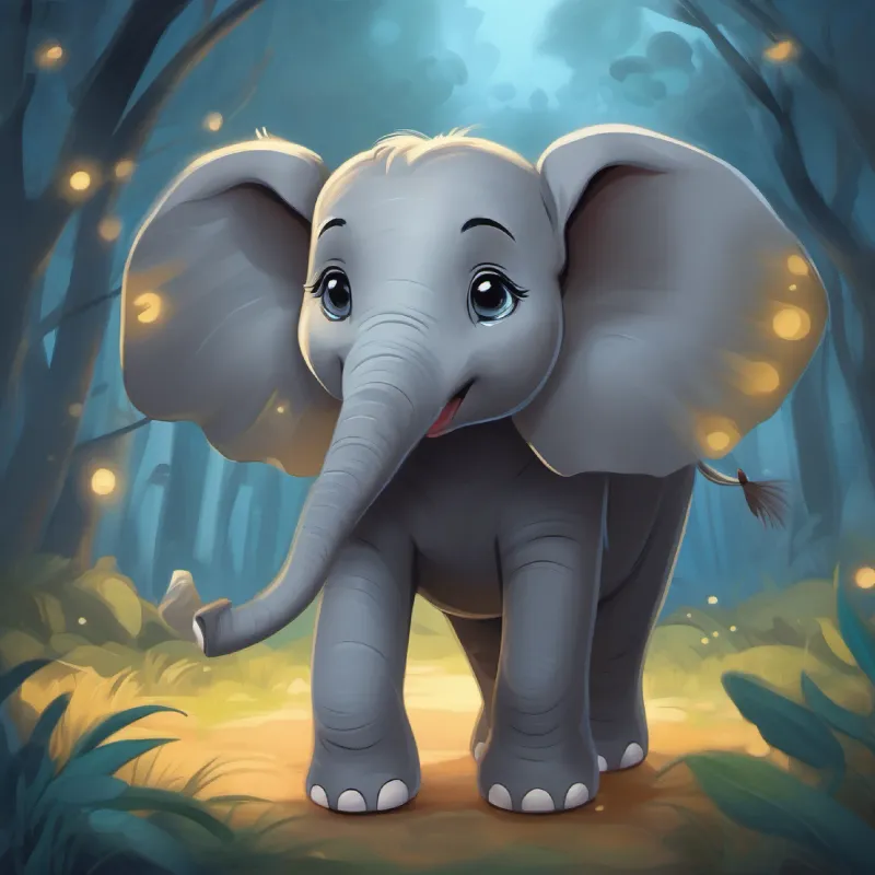 Young elephant, grey skin, big happy eyes playing games instead of sleeping, night time.
