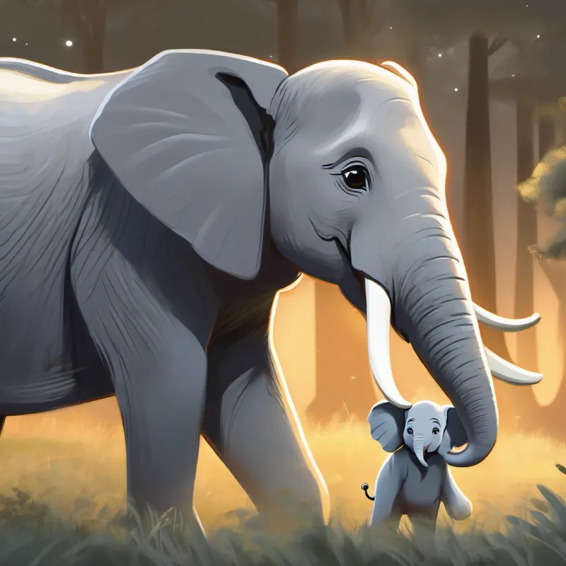 Big elephant, gentle eyes, soft grey skin tells Young elephant, grey skin, big happy eyes it's bedtime, Young elephant, grey skin, big happy eyes runs away.