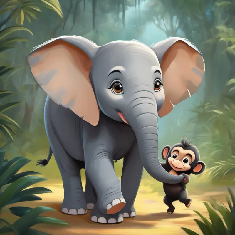 Young elephant, grey skin, big happy eyes finds monkey friends and dances, fun time.