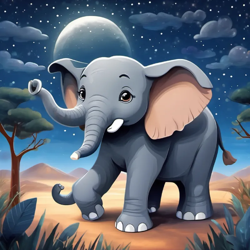Young elephant, grey skin, big happy eyes sharing stories under the night sky.