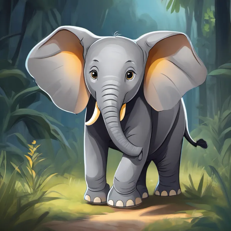 Young elephant, grey skin, big happy eyes finally feels sleepy after playing, says goodnight.