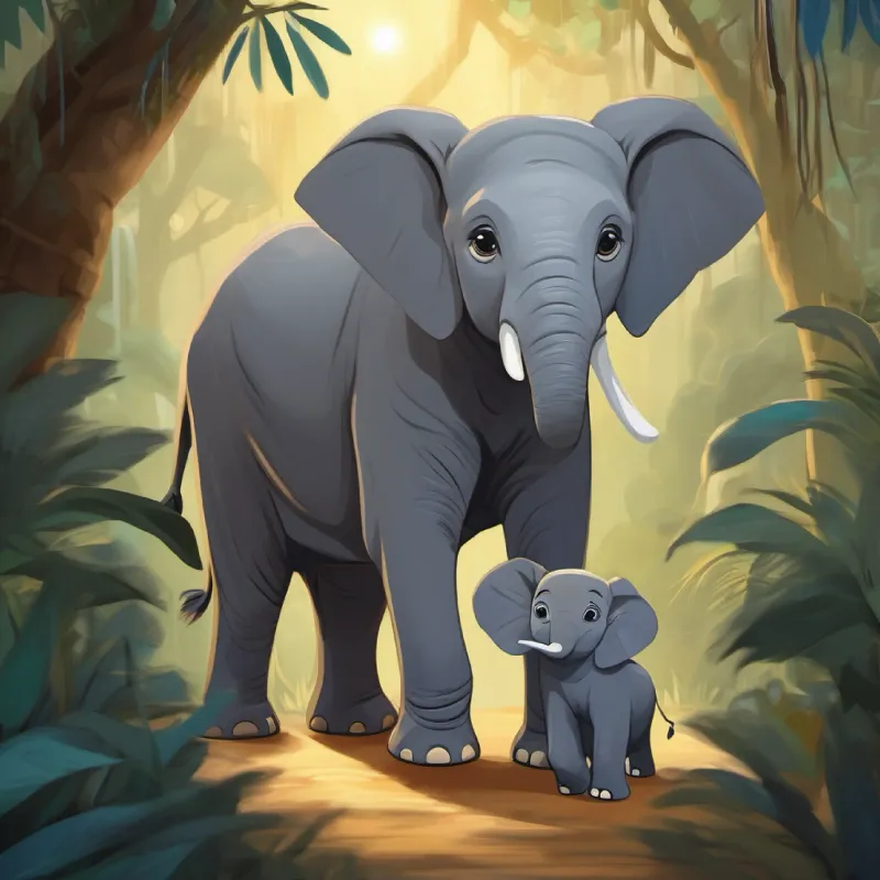 Young elephant, grey skin, big happy eyes goes to bed with Mama's help, jungle night setting.