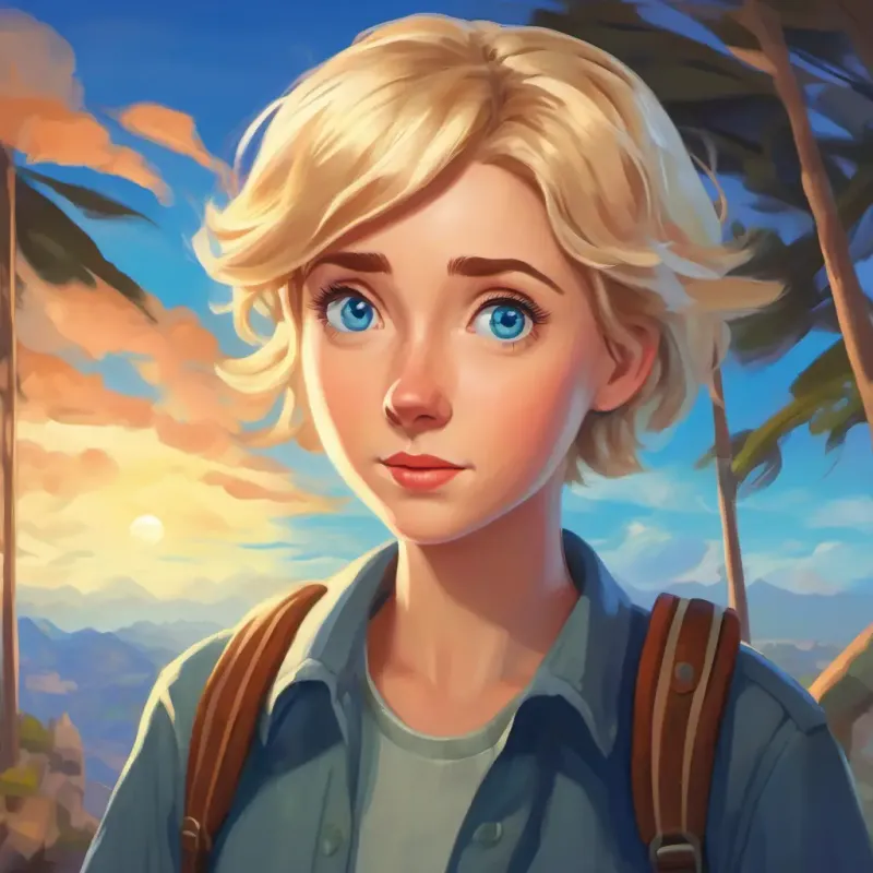 Curious, short blond hair, blue eyes, adventurous spirit expressing confusion about the trip