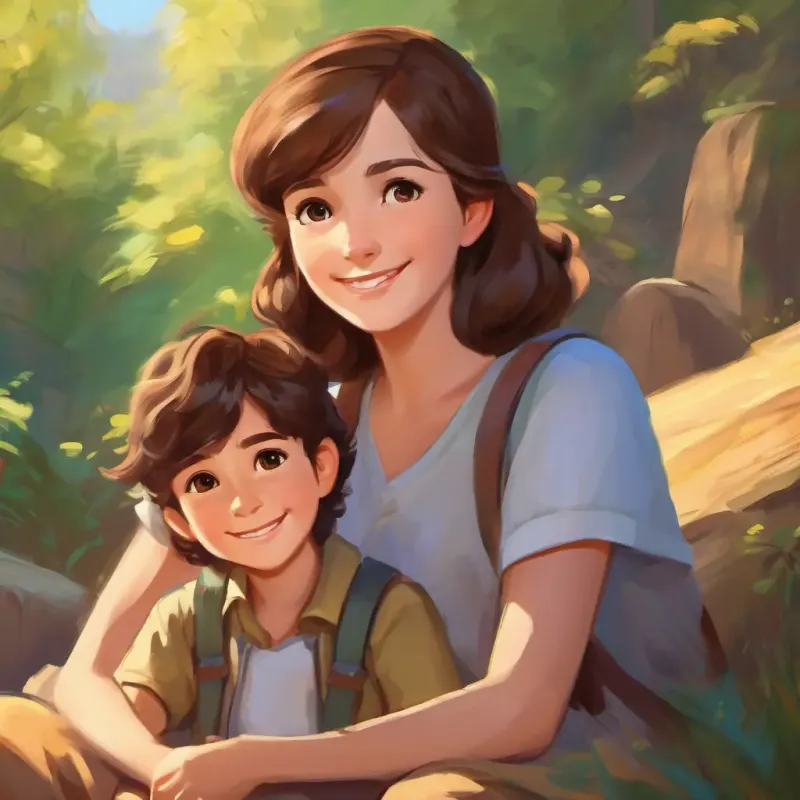 Caring, brown hair, brown eyes, friendly smile directs to father for an answer