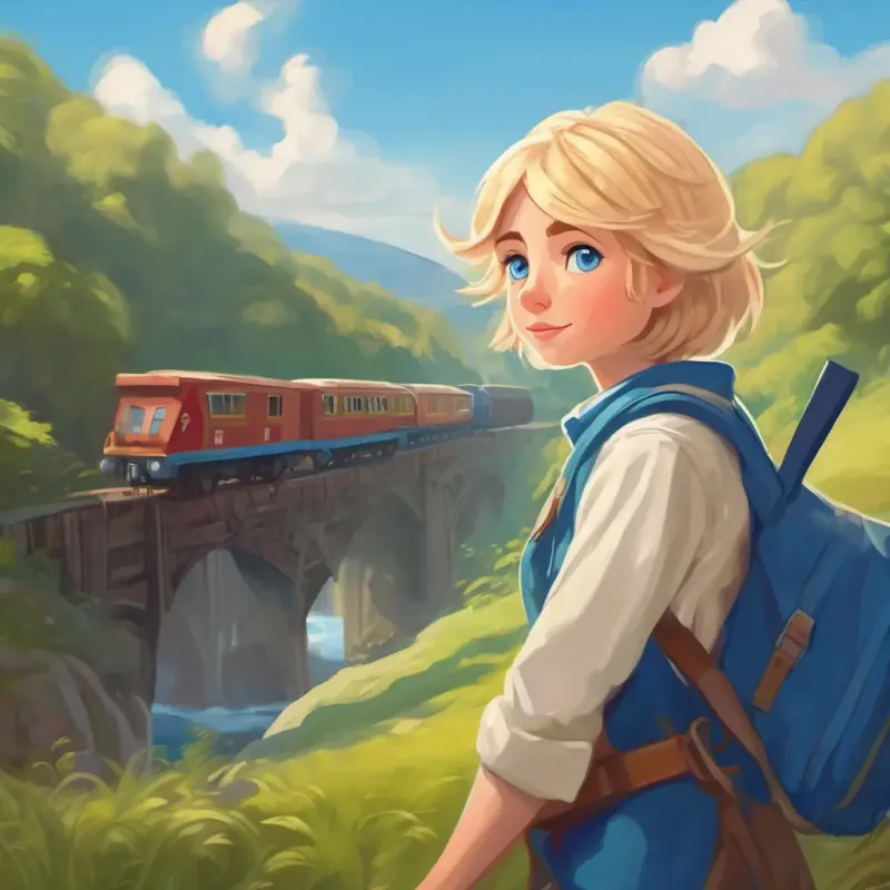 Curious, short blond hair, blue eyes, adventurous spirit curious about departure time