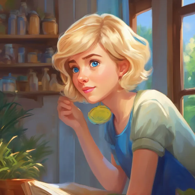 Curious, short blond hair, blue eyes, adventurous spirit asking mother about summer plans