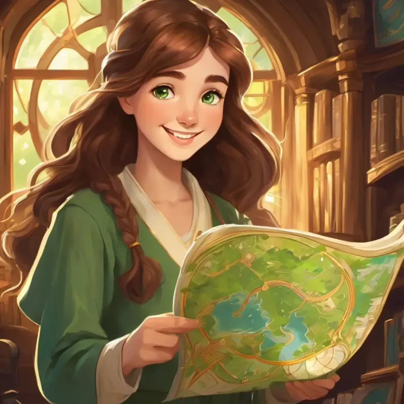 Lily has long brown hair and sparkling green eyes holding a magical map with a big smile on her face