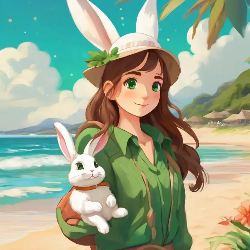 Lily has long brown hair and sparkling green eyes and Benny is a fluffy white rabbit with big floppy ears standing on the sandy beach of the island