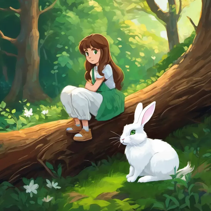 Lily has long brown hair and sparkling green eyes and Benny is a fluffy white rabbit with big floppy ears sitting on a fallen tree, thinking hard